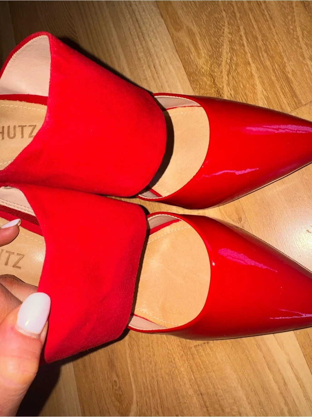 SCHUTZ Red Patent & Suede Pointed Slide Mules